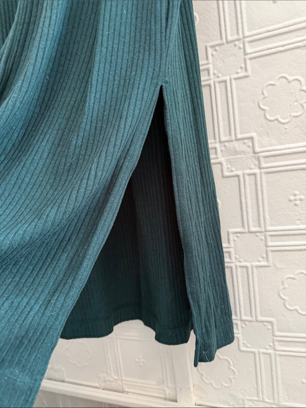 Old Navy Rib-Knit Long Sleeve Maxi Shift Dress Green L Tall Side Slit Cozy