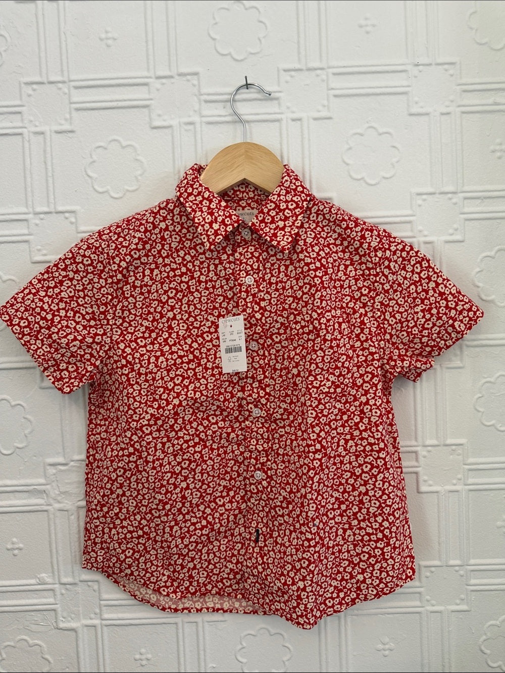 Crewcuts J Crew Boys Red Floral Short Sleeve Button Down Shirt NWT Size 6-7