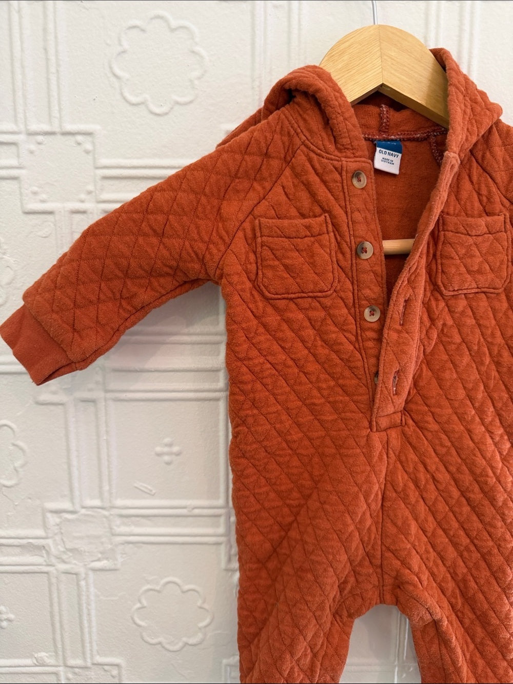 Old Navy Quilted Hooded One-Piece Jumpsuit Rust Orange 3-6M