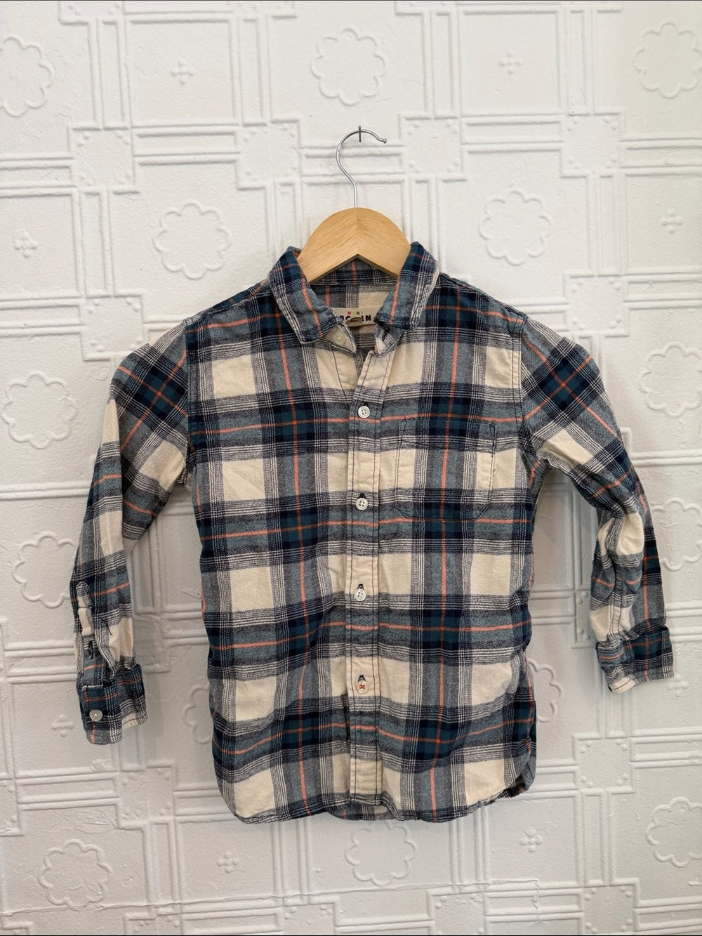 Mini Boden Boys Plaid Button Down Shirt Blue Cream Rust Size 6-Y
