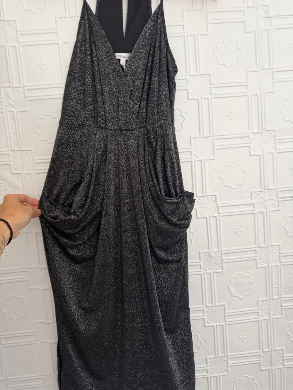 BCBGENERATION Metallic Shimmer Tulip Drape Midi Dress XS