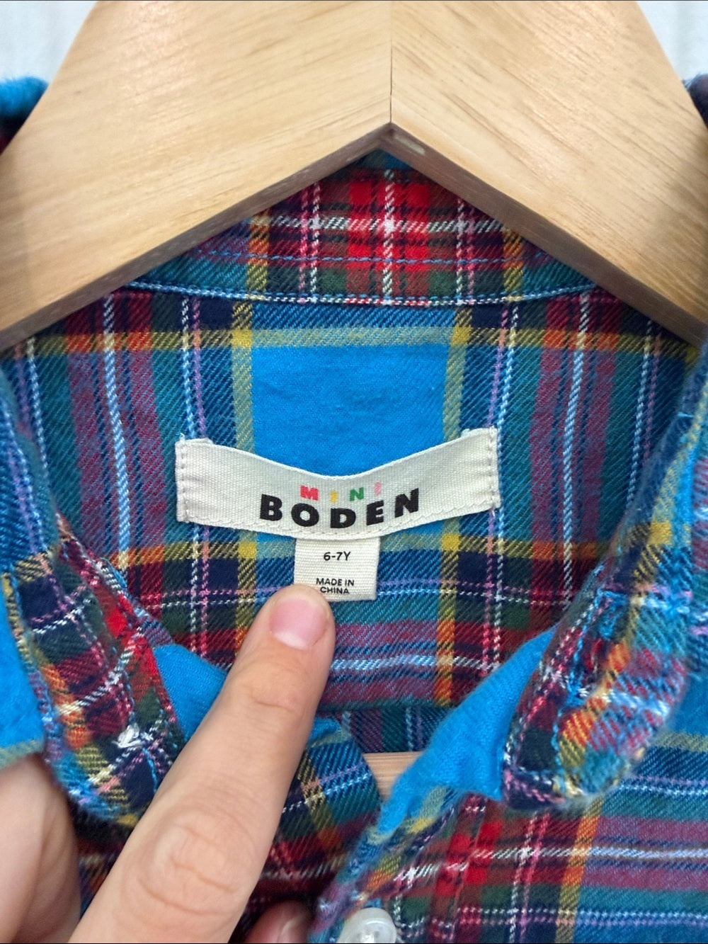 Mini Boden Boys Bright Blue Red Plaid Button Down Shirt Long Sleeve 6-7Y
