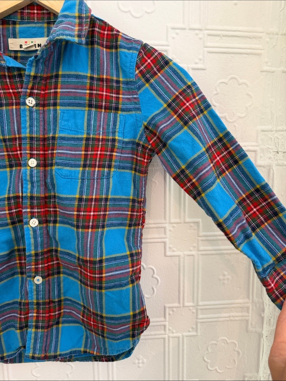 Mini Boden Boys Bright Blue Red Plaid Button Down Shirt Long Sleeve 6-7Y