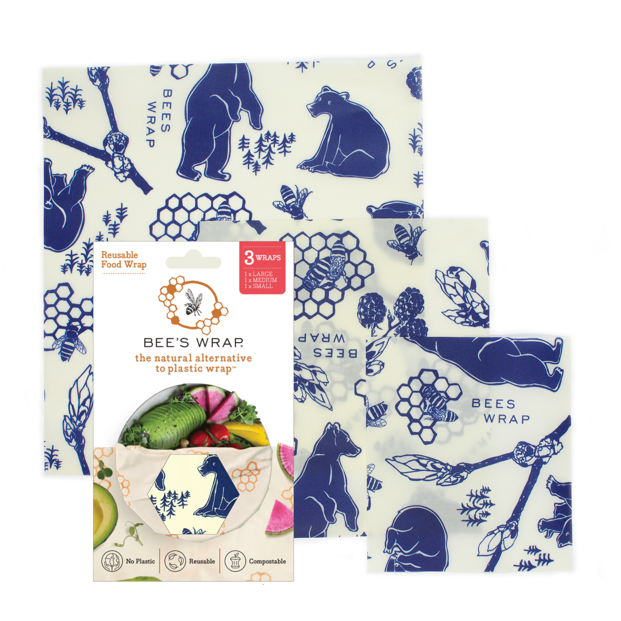 Bees Wrap Reusable Beeswax Food Wraps 3 Pack - Bees & Bears