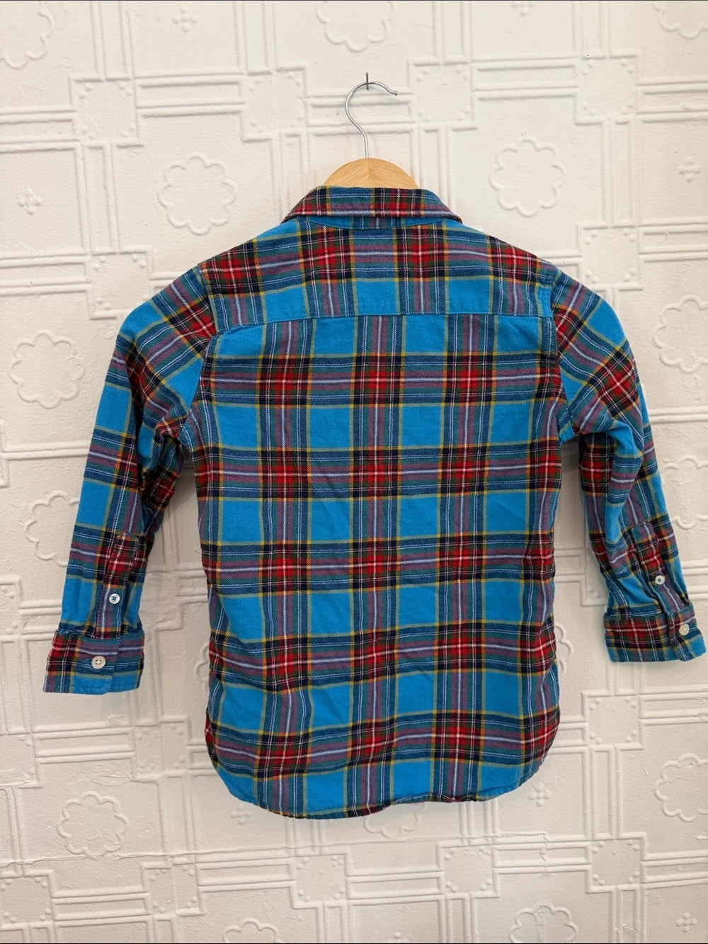 Mini Boden Boys Bright Blue Red Plaid Button Down Shirt Long Sleeve 6-7Y