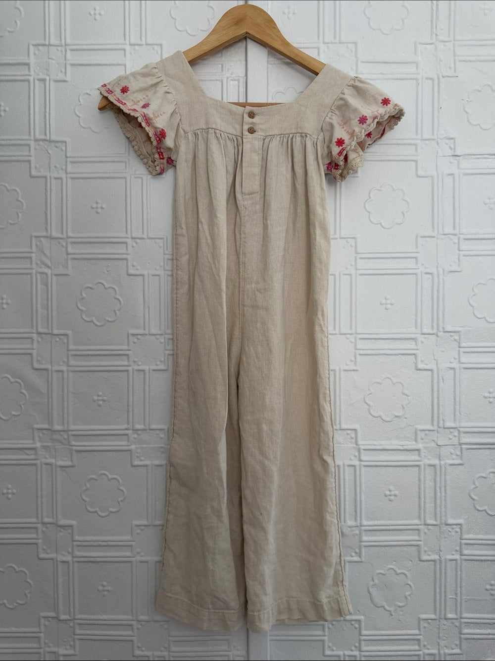 Old Navy Linen Embroidered Boho Jumpsuit Oatmeal 5T