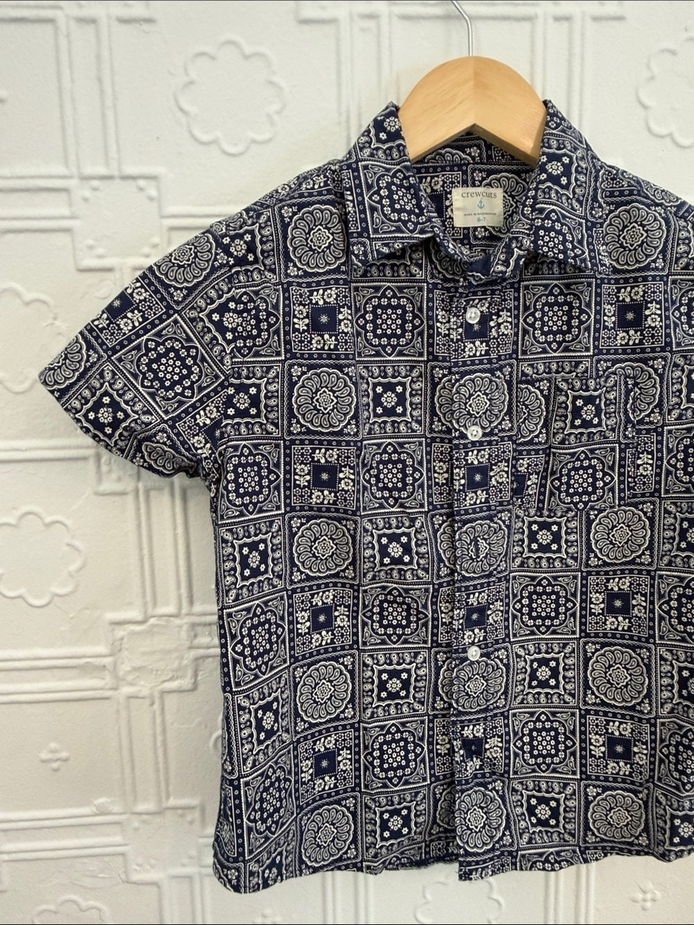 Crewcuts J.Crew Boys Navy Bandana Print Short Sleeve Button Up Shirt Size 6-7