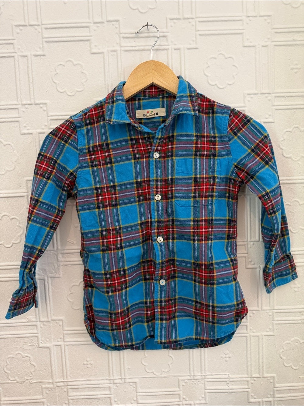Mini Boden Boys Bright Blue Red Plaid Button Down Shirt Long Sleeve 6-7Y