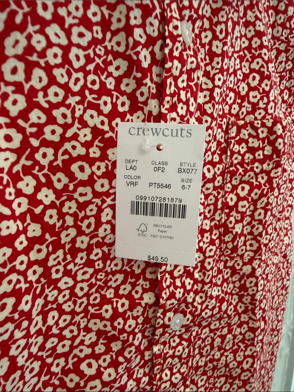 Crewcuts J Crew Boys Red Floral Short Sleeve Button Down Shirt NWT Size 6-7