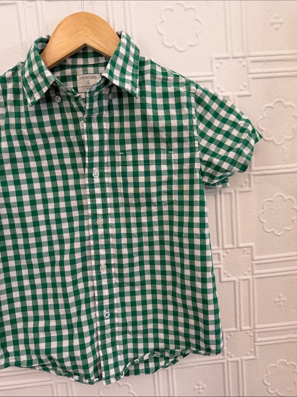 Crewcuts J. Crew Boys Green White Gingham Short Sleeve Button Down Shirt 6
