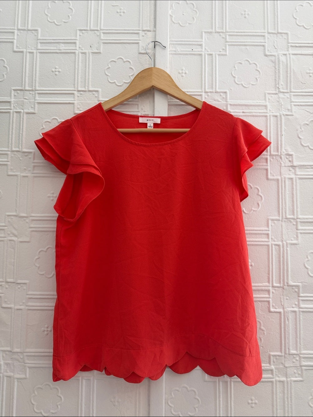 MINE Coral Red Scalloped Hem Flutter Ruffle Sleeve Blouse Top Size L