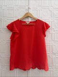 MINE Coral Red Scalloped Hem Flutter Ruffle Sleeve Blouse Top Size L