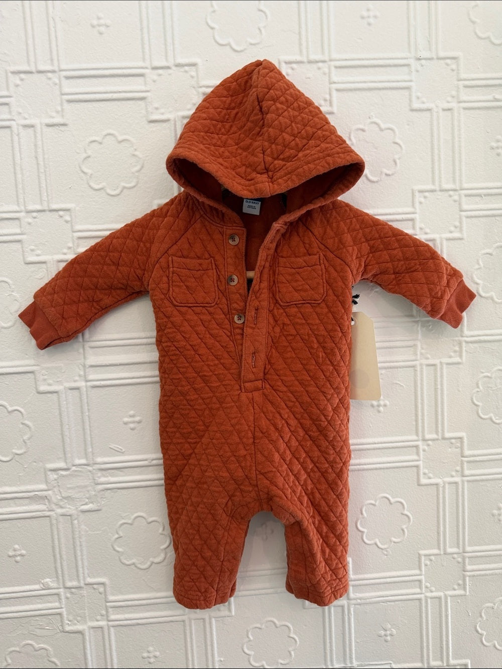 Old Navy Quilted Hooded One-Piece Jumpsuit Rust Orange 3-6M