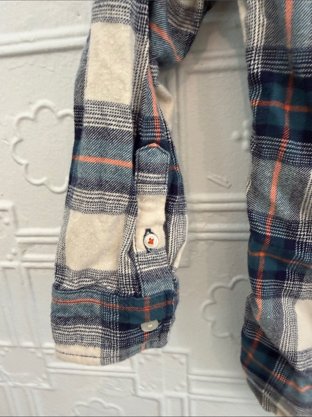 Mini Boden Boys Plaid Button Down Shirt Blue Cream Rust Size 6-Y