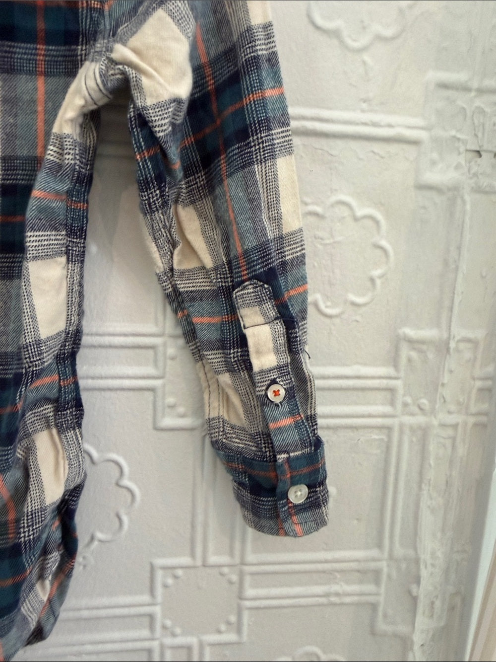 Mini Boden Boys Plaid Button Down Shirt Blue Cream Rust Size 6-Y