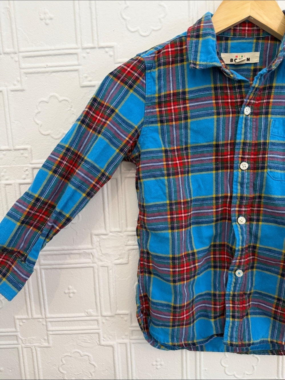 Mini Boden Boys Bright Blue Red Plaid Button Down Shirt Long Sleeve 6-7Y