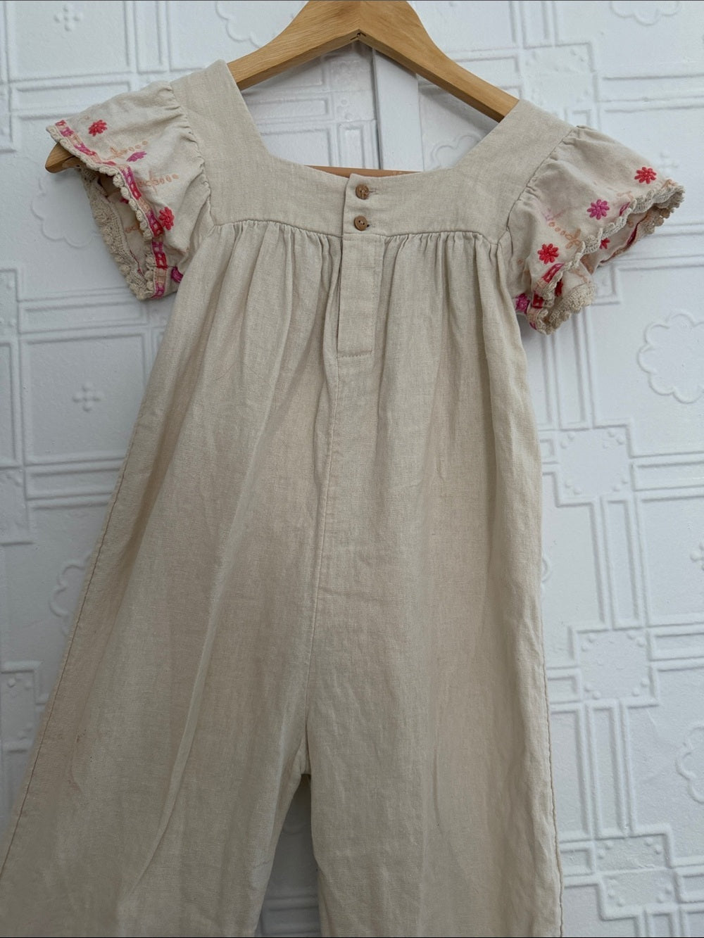 Old Navy Linen Embroidered Boho Jumpsuit Oatmeal 5T