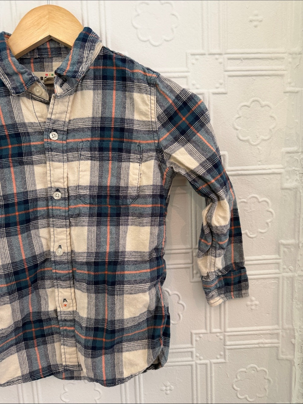 Mini Boden Boys Plaid Button Down Shirt Blue Cream Rust Size 6-Y