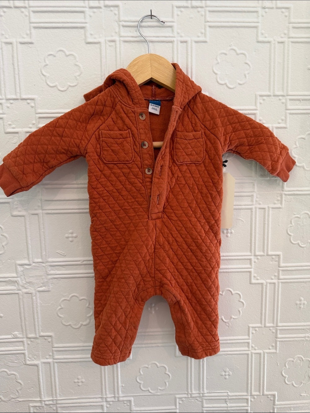 Old Navy Quilted Hooded One-Piece Jumpsuit Rust Orange 3-6M