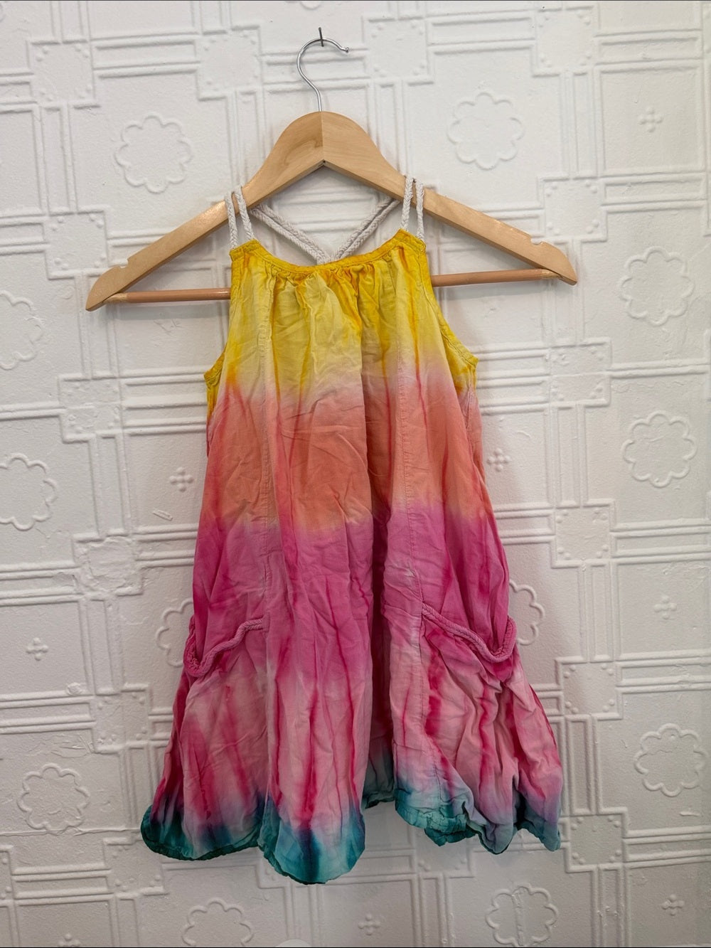 Toddler Girls 5T Tie-Dye Ombre Sundress Yellow Pink Teal Summer Dress
