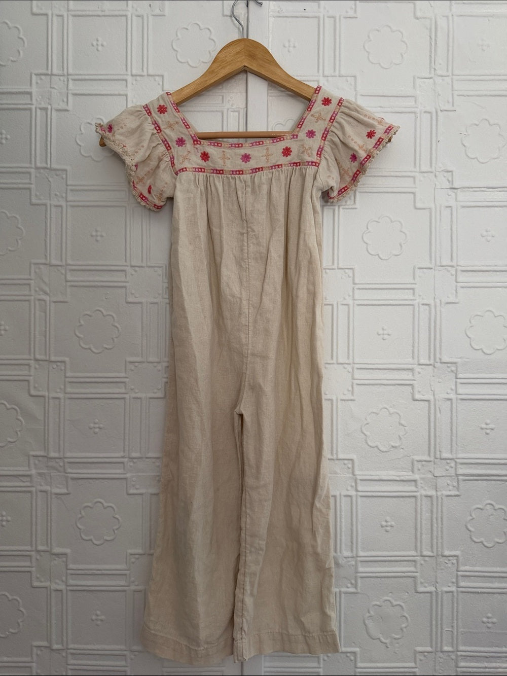Old Navy Linen Embroidered Boho Jumpsuit Oatmeal 5T