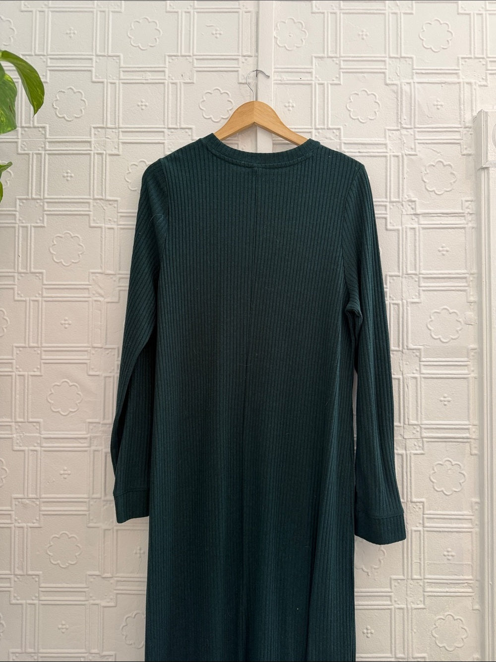 Old Navy Rib-Knit Long Sleeve Maxi Shift Dress Green L Tall Side Slit Cozy