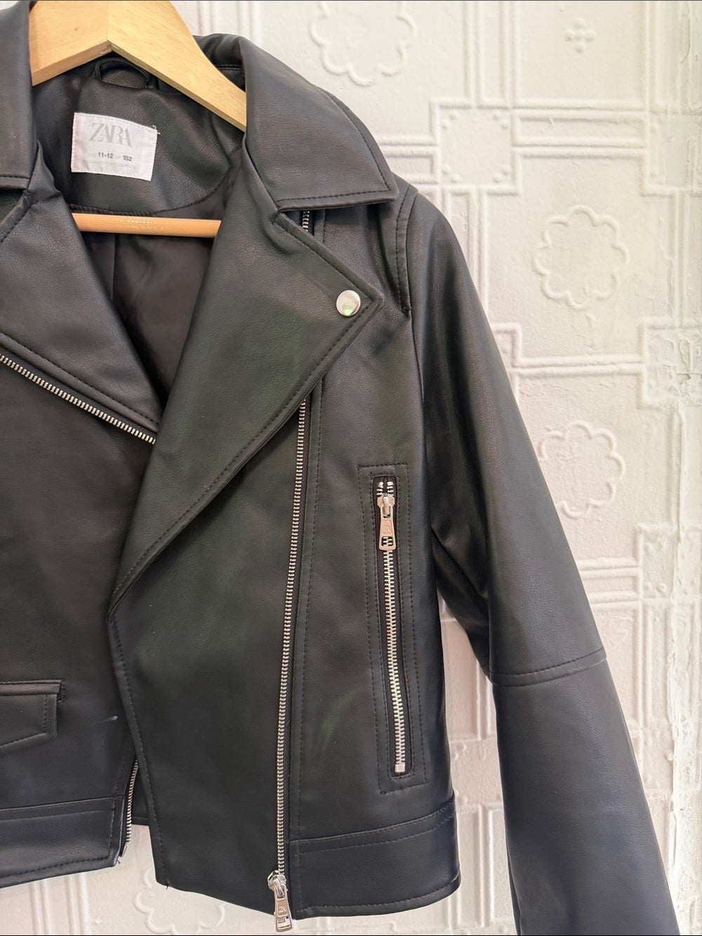 Zara Girls Black Faux Leather Asymmetric Moto Biker Jacket Size 12