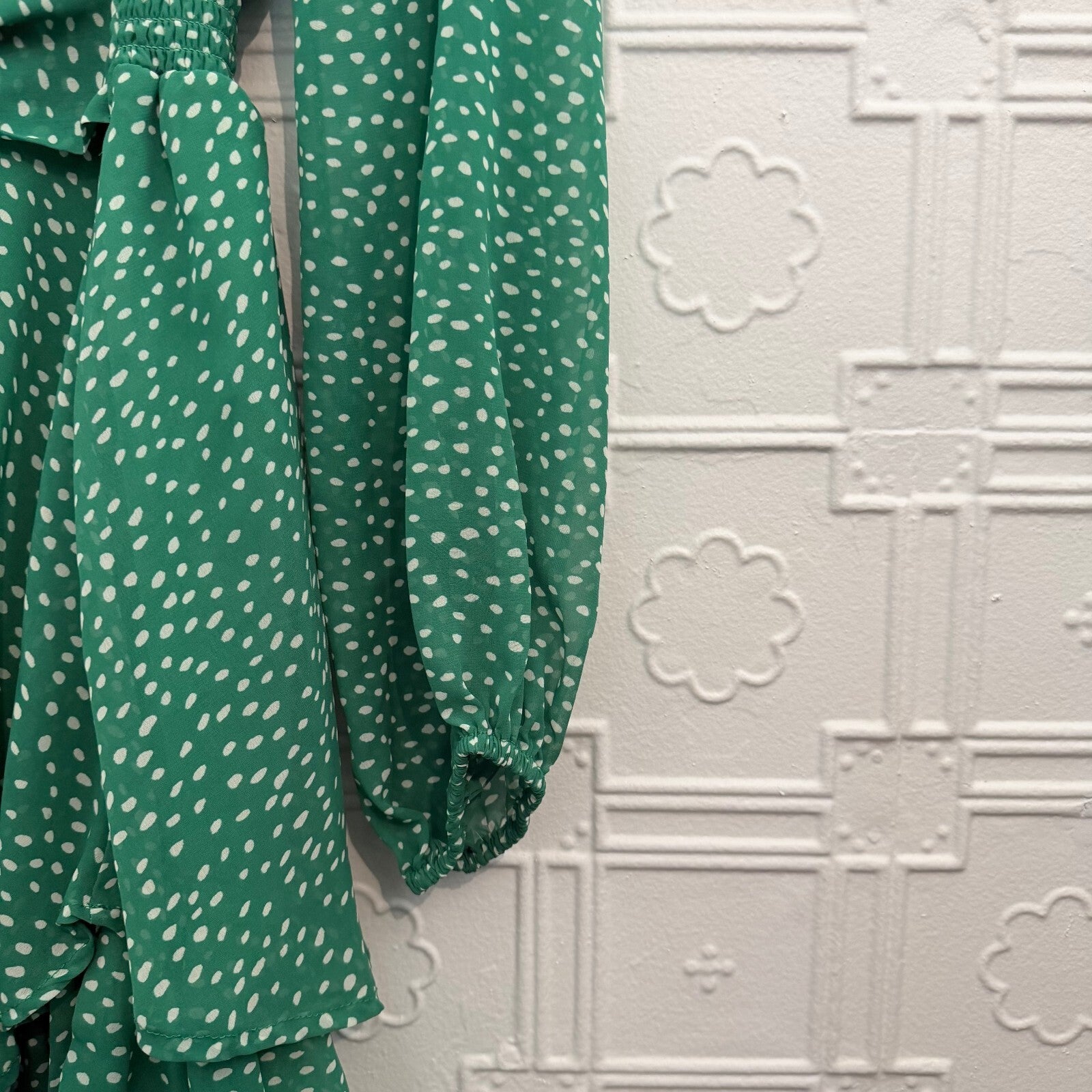 Japna Green Polka Dot Tiered Mini Dress Long Sleeve Size L