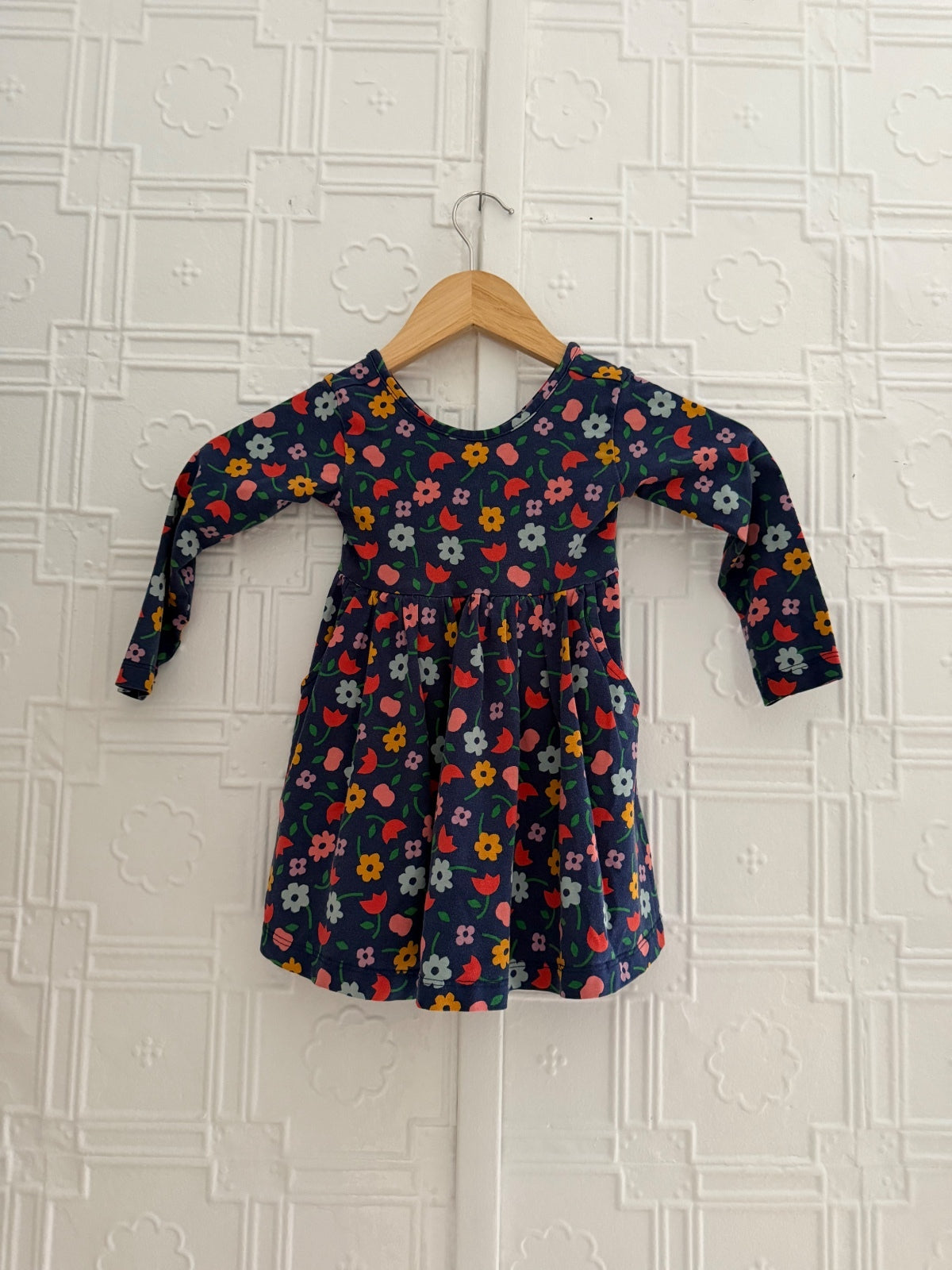 Hanna Andersson Floral Long Sleeve Pocket Dress 85cm US 2T Navy Blue