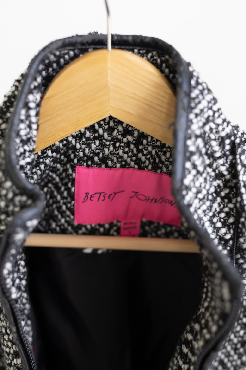 Betsey Johnson Black & White Tweed Herringbone Jacket Faux Leather Trim M