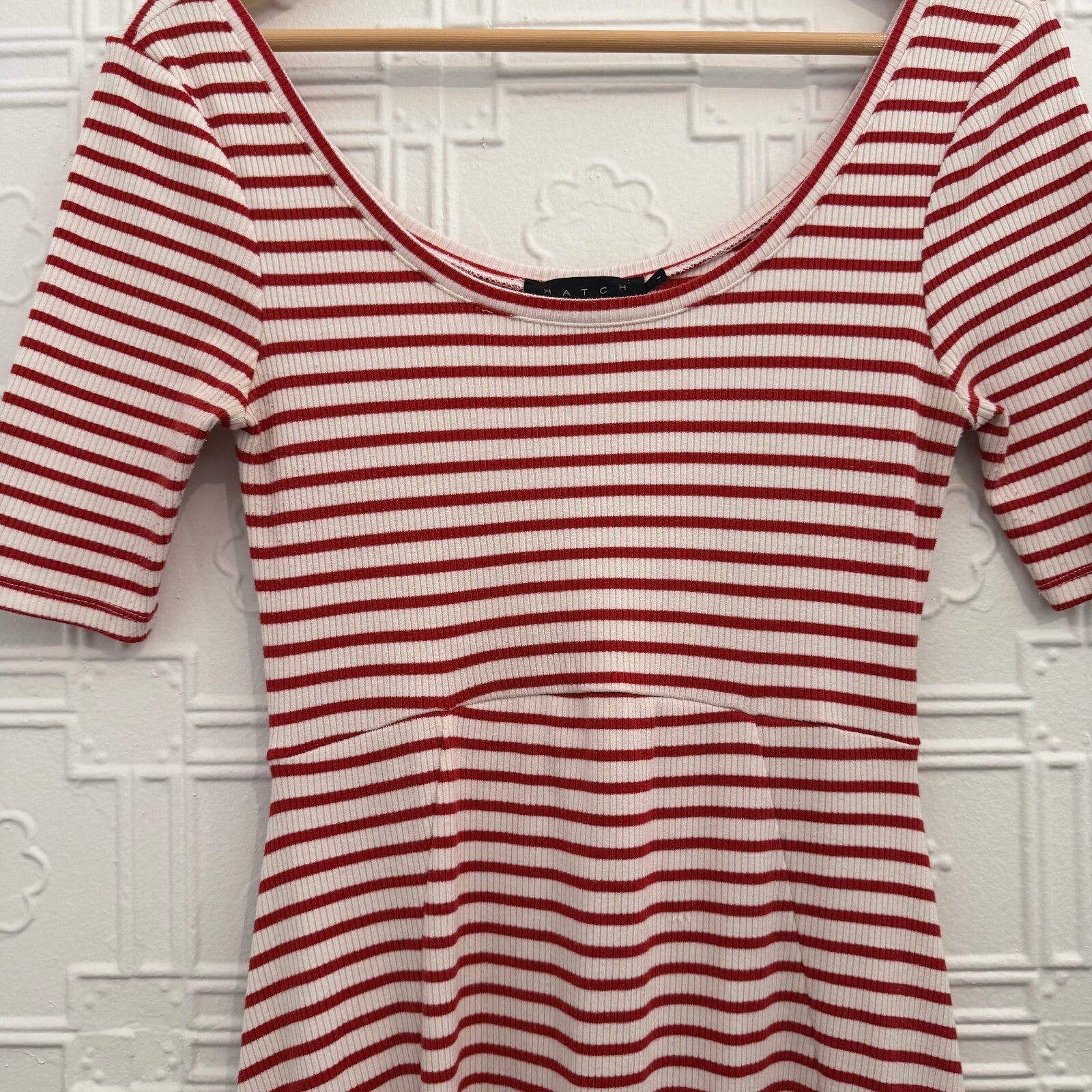 HATCH Striped Ribbed Scoop Neck Midi Dress Red White Stretch Size S