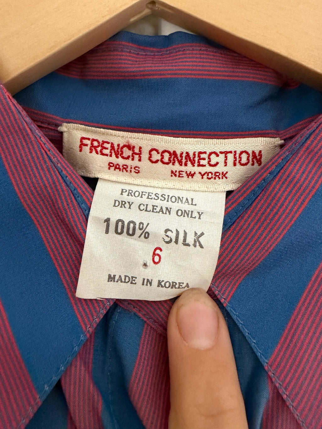 French Connection Vintage 100% Silk Striped Button Down Blouse Blue Red Size 6