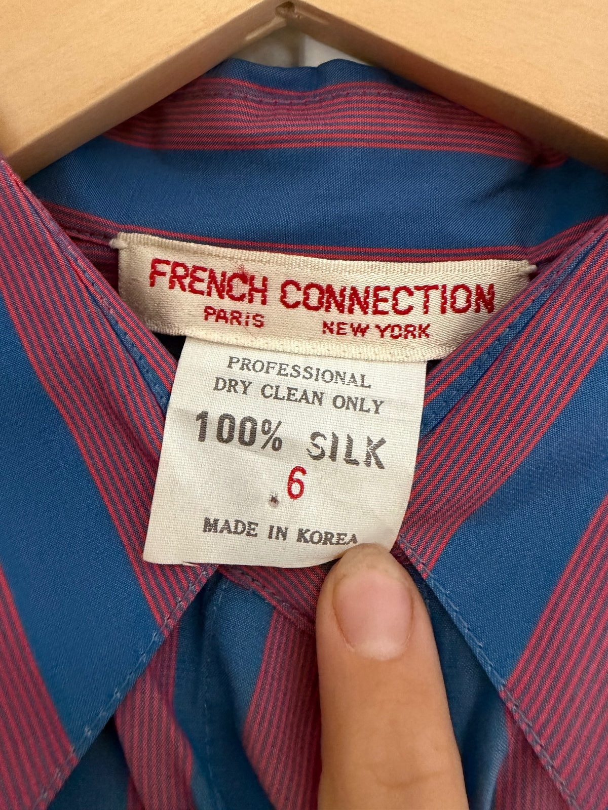 French Connection Vintage 100% Silk Striped Button Down Blouse Blue Red Size 6