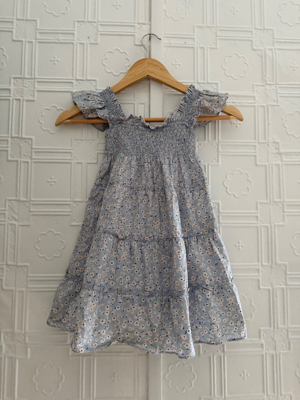 Quince Toddler Girl Organic Cotton Smocked Tiered Floral Dress Blue 3T