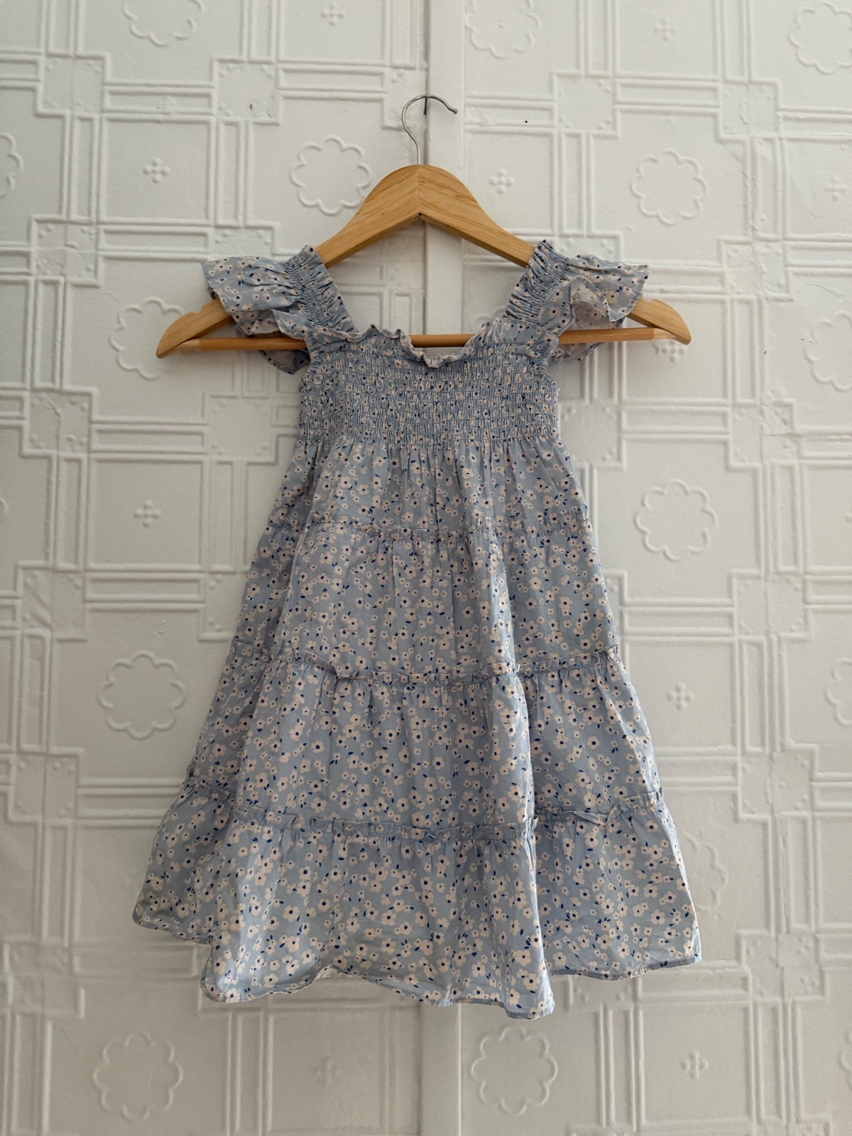 Quince Toddler Girl Organic Cotton Smocked Tiered Floral Dress Blue 3T