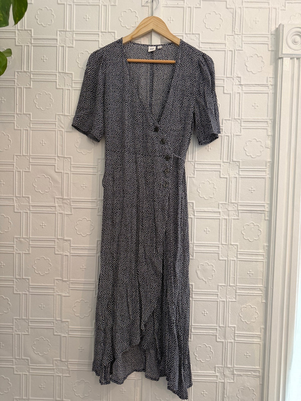 GAP Navy Blue Polka Dot Side Button Wrap Midi Dress S