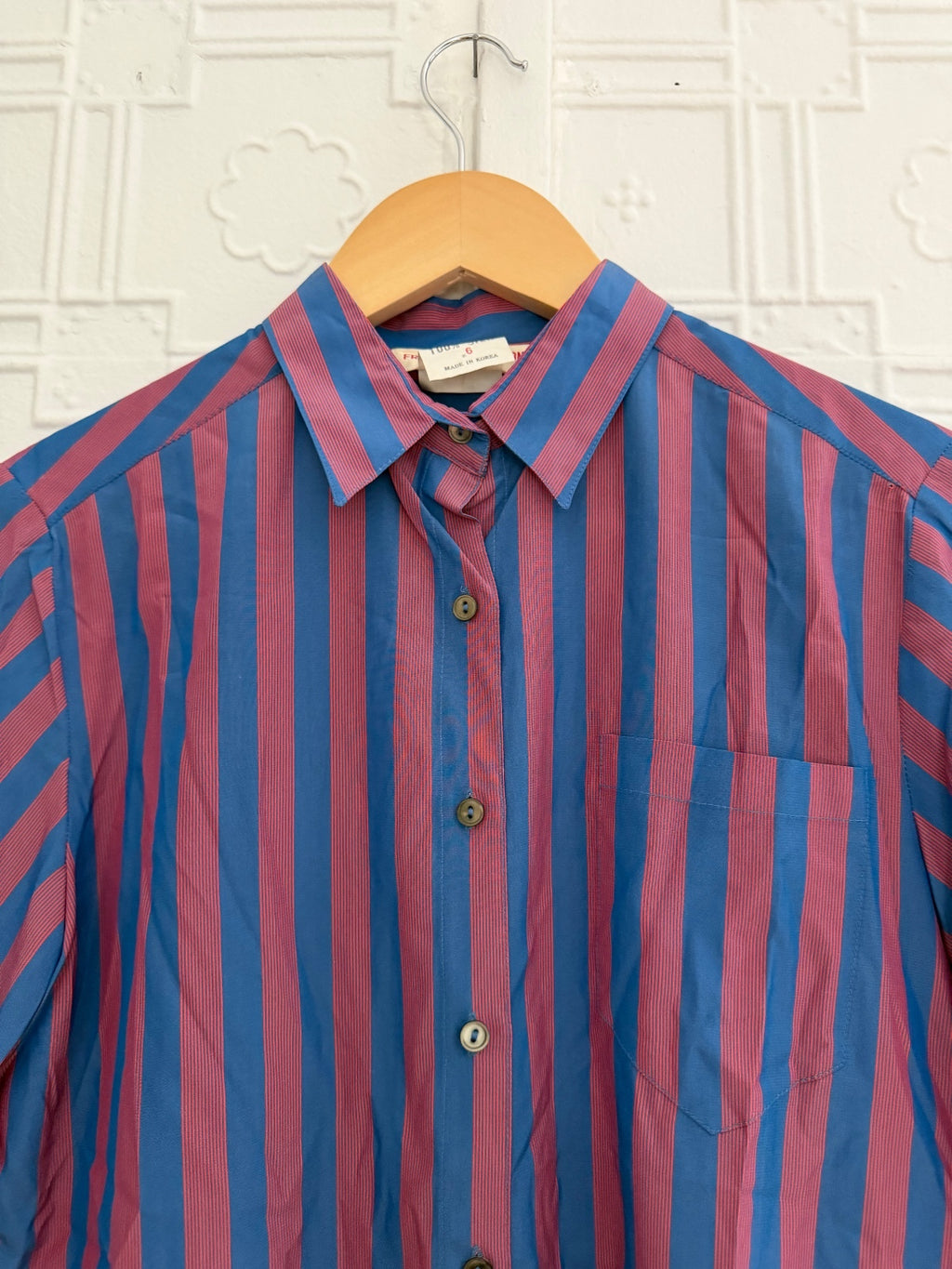 French Connection Vintage 100% Silk Striped Button Down Blouse Blue Red Size 6