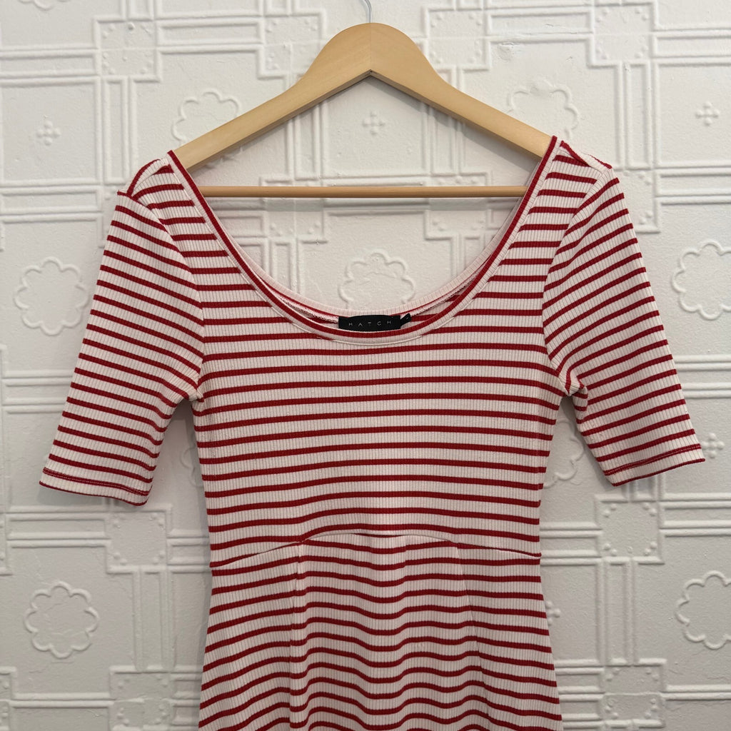 HATCH Striped Ribbed Scoop Neck Midi Dress Red White Stretch Size S