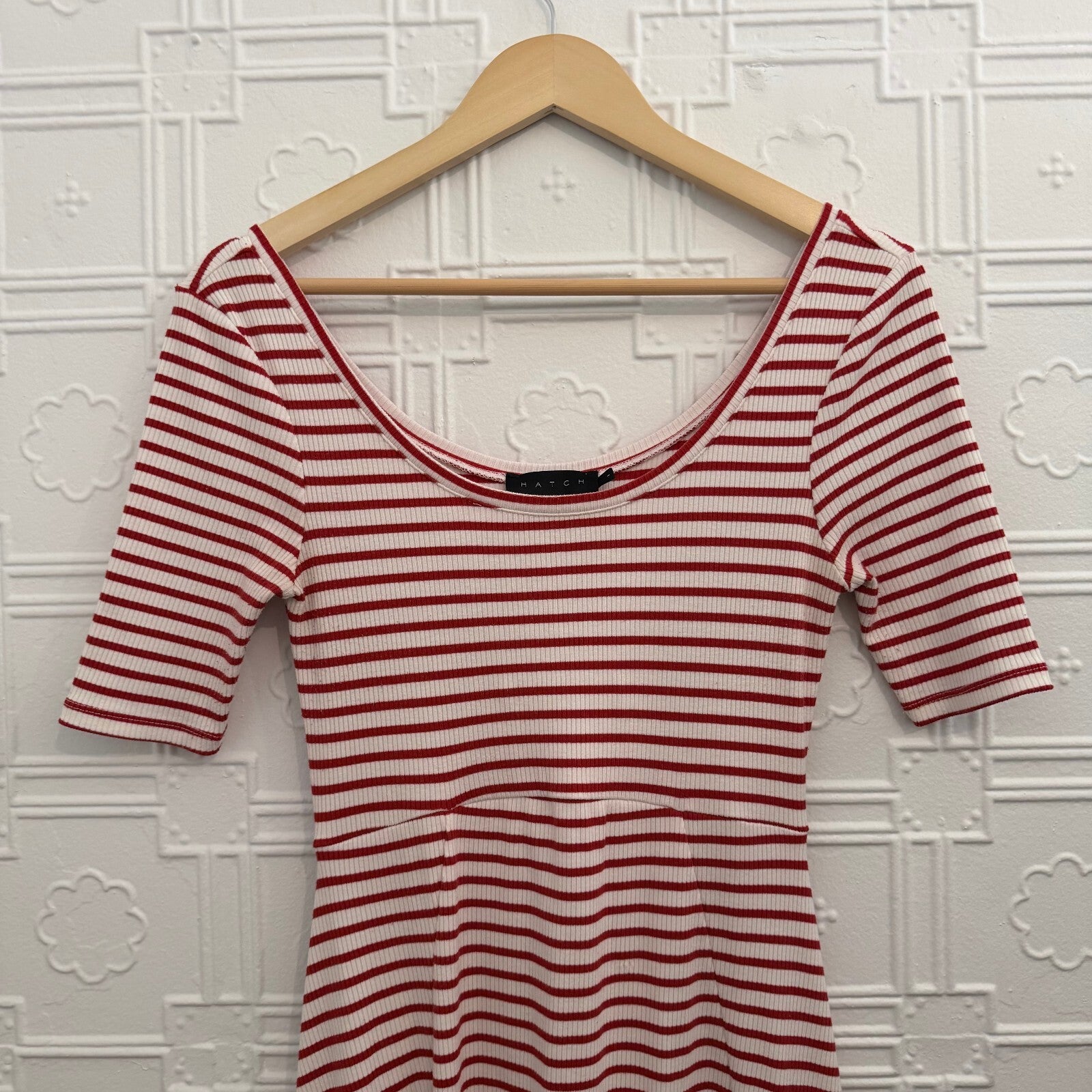HATCH Striped Ribbed Scoop Neck Midi Dress Red White Stretch Size S