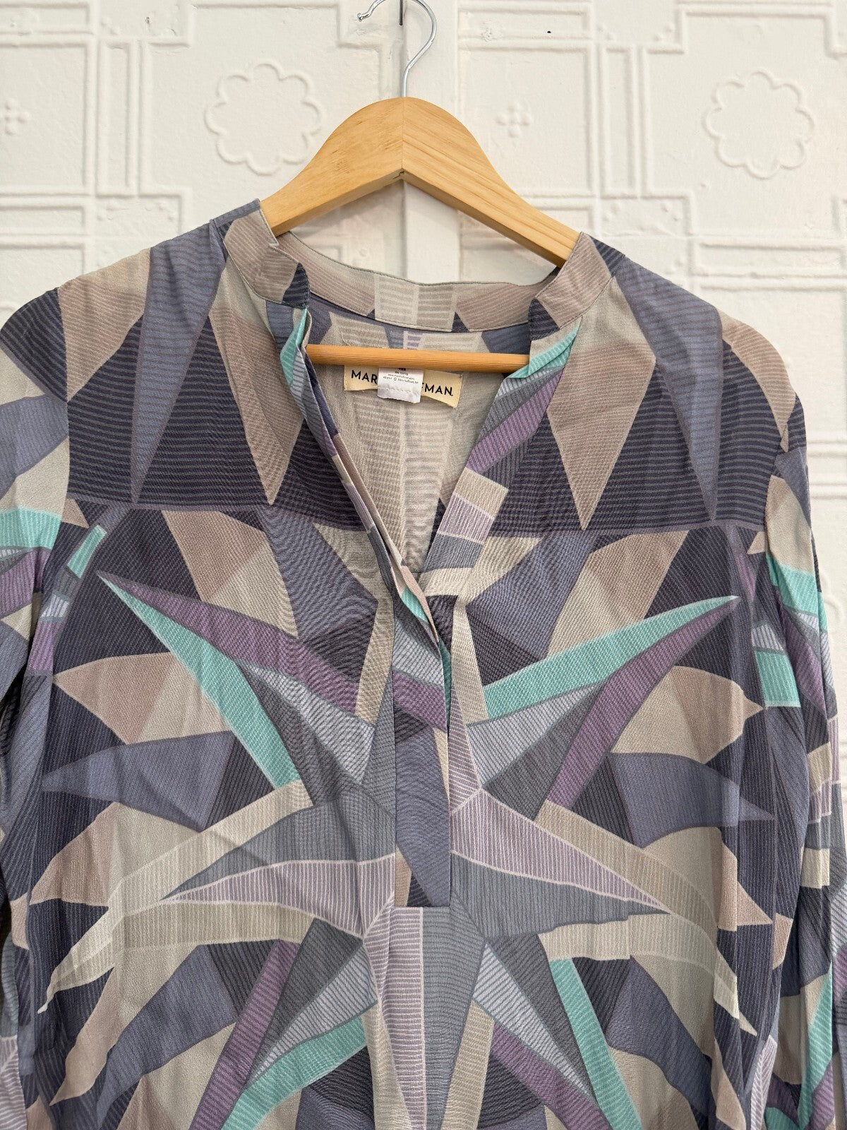 Mara Hoffman Geometric Print Shift Dress Size S - Purple & Mint Long Sleeve