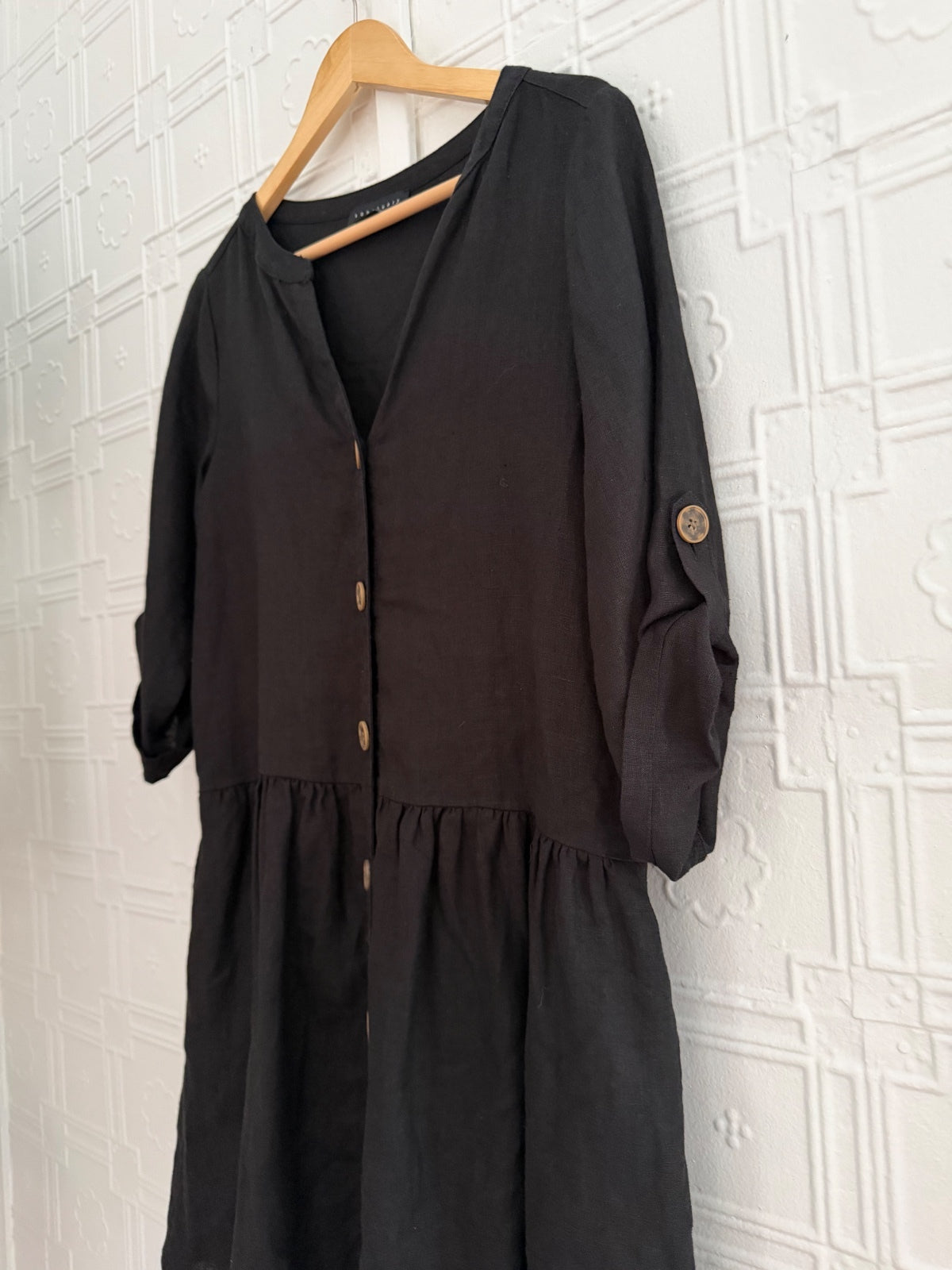 Sanctuary Black 100% Linen Button Front Dress Roll Tab Sleeve XS