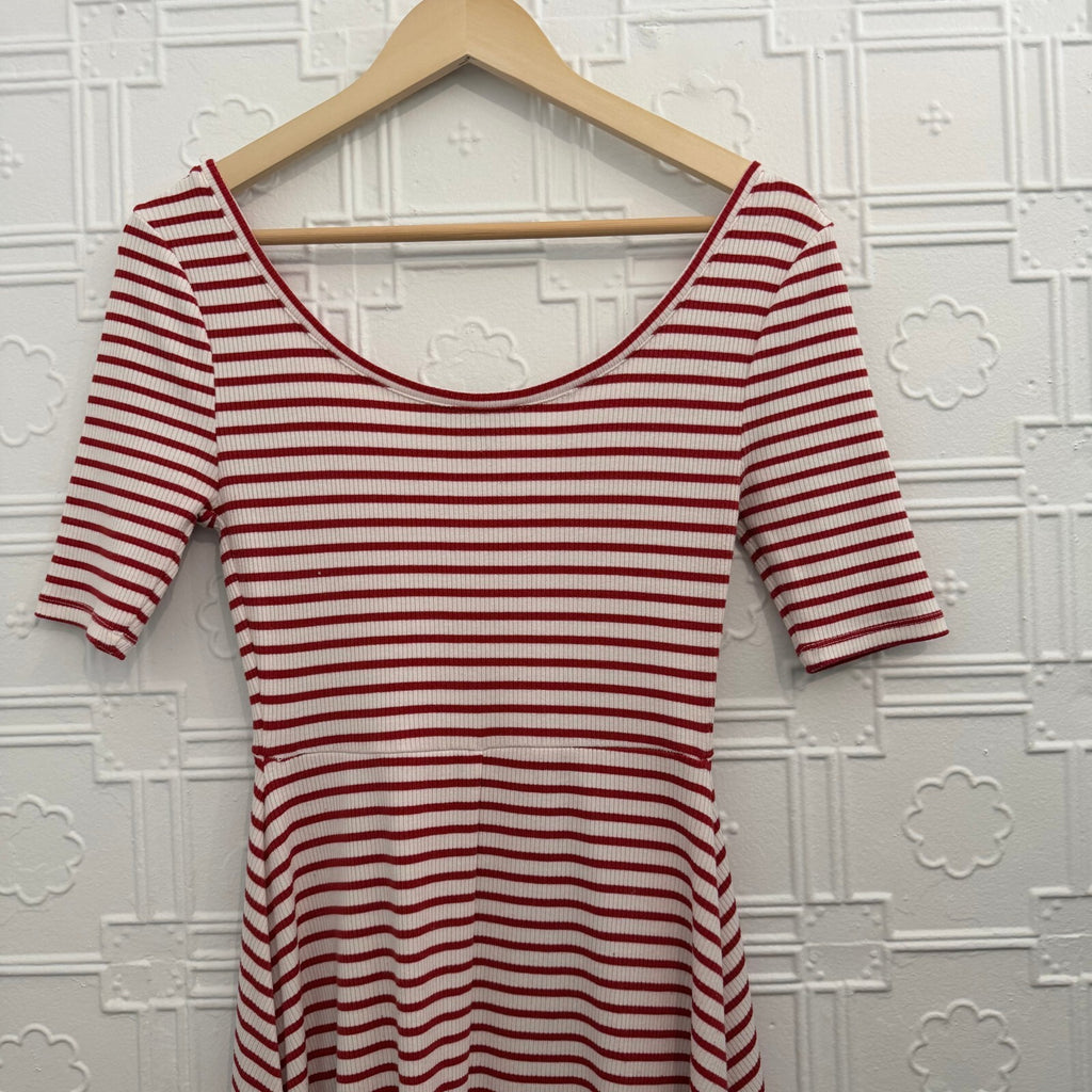 HATCH Striped Ribbed Scoop Neck Midi Dress Red White Stretch Size S