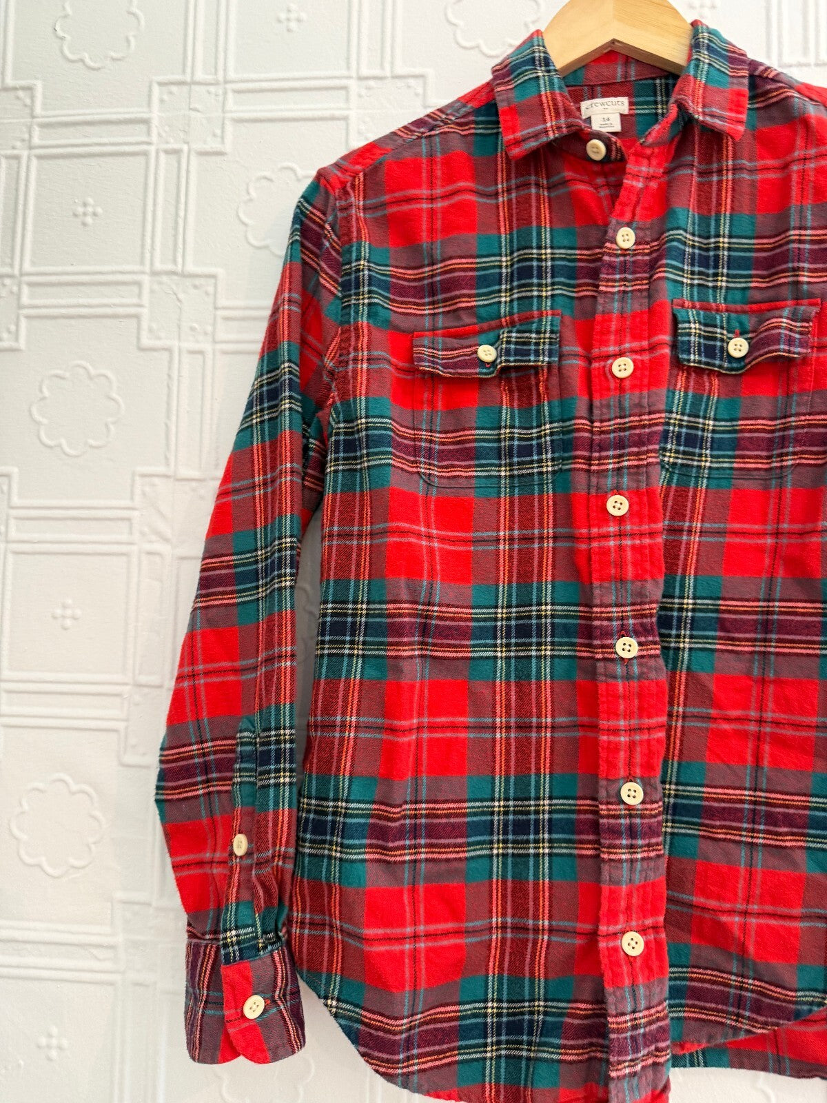 Crewcuts J.Crew Boys Red Plaid Flannel Button Down Shirt Size 14 Holiday Cotton