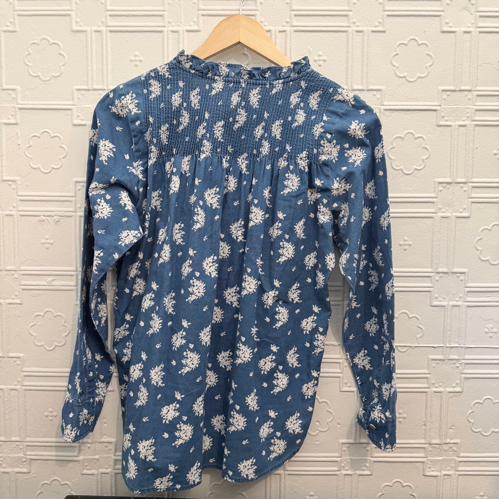 J.Crew Floral Indigo Cotton Pintuck Ruffle Blouse Top Size 4 Cottagecore