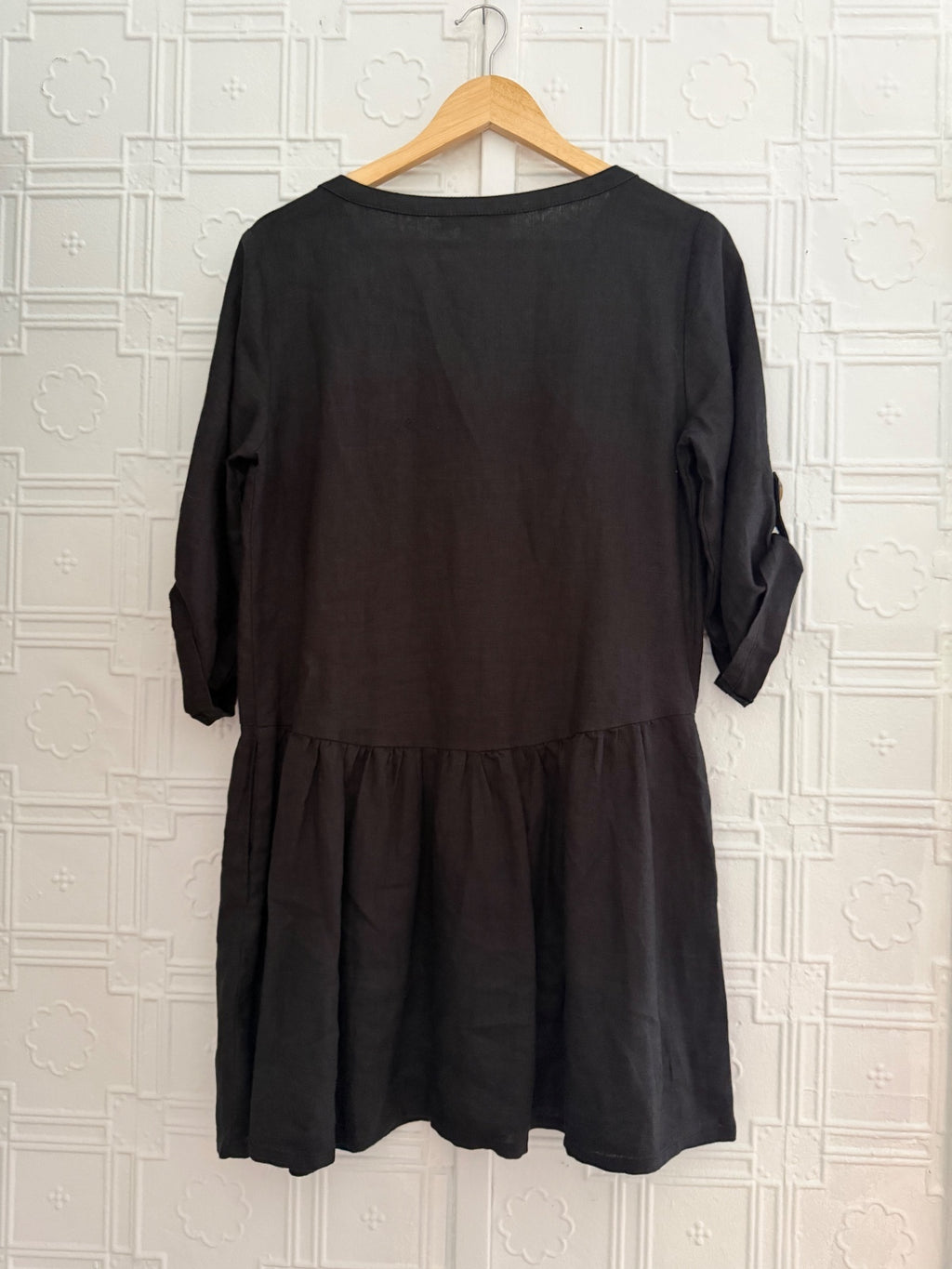Sanctuary Black 100% Linen Button Front Dress Roll Tab Sleeve XS