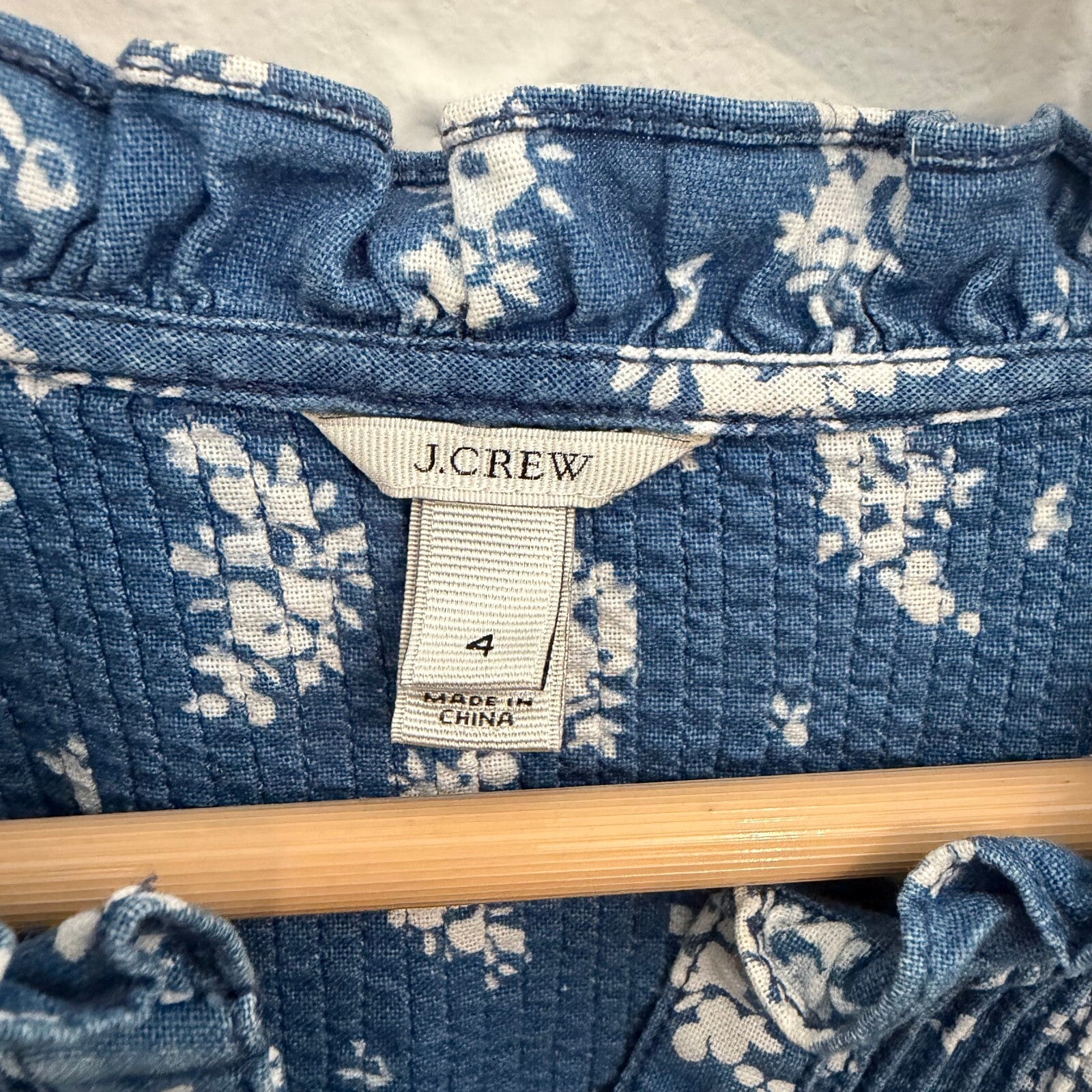 J.Crew Floral Indigo Cotton Pintuck Ruffle Blouse Top Size 4 Cottagecore