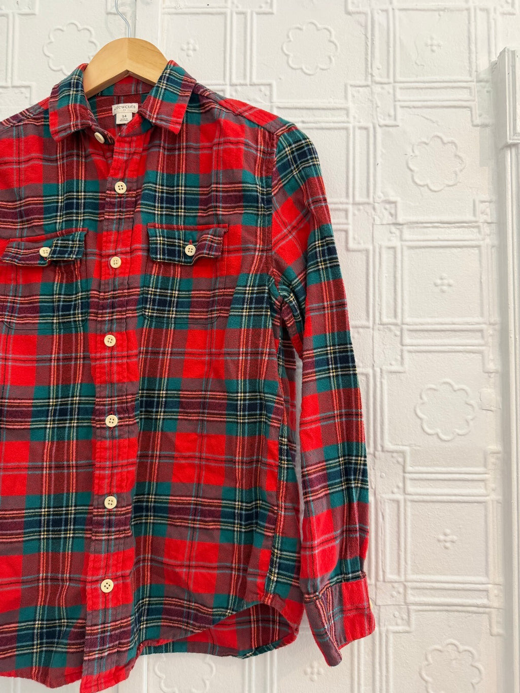 Crewcuts J.Crew Boys Red Plaid Flannel Button Down Shirt Size 14 Holiday Cotton
