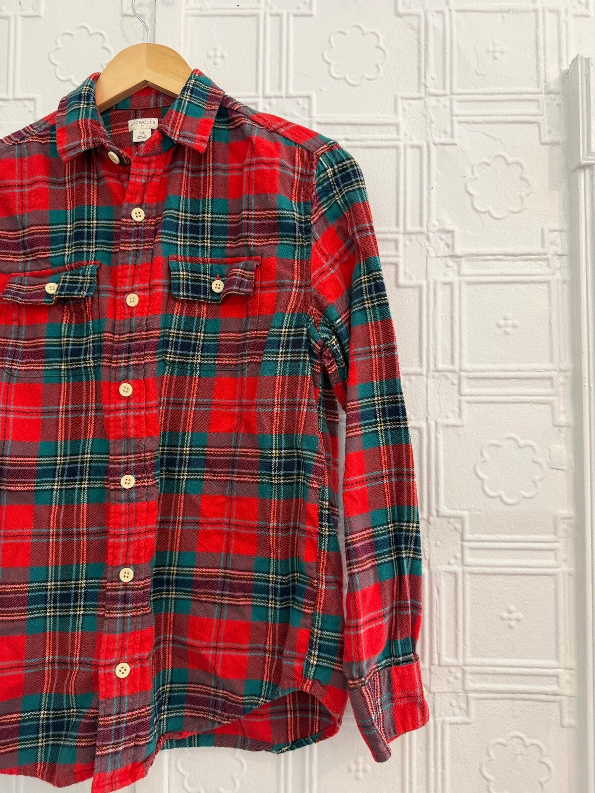 Crewcuts J.Crew Boys Red Plaid Flannel Button Down Shirt Size 14 Holiday Cotton