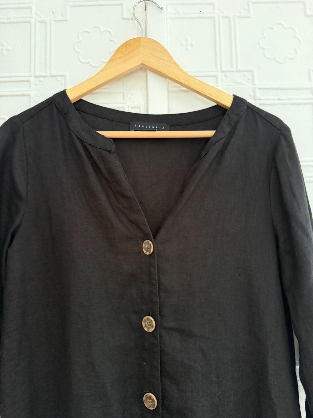 Sanctuary Black 100% Linen Button Front Dress Roll Tab Sleeve XS