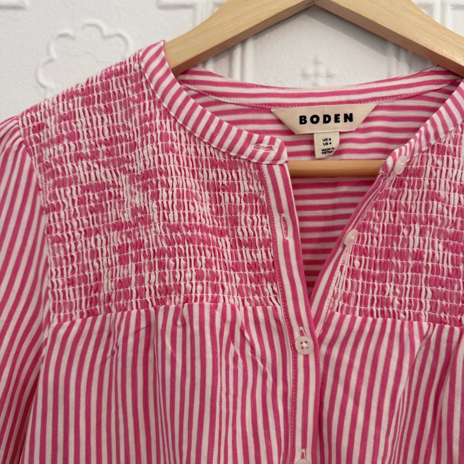 Boden Elsa Smocked Yoke Jersey Shirt Pink Stripe US 4 UK 8